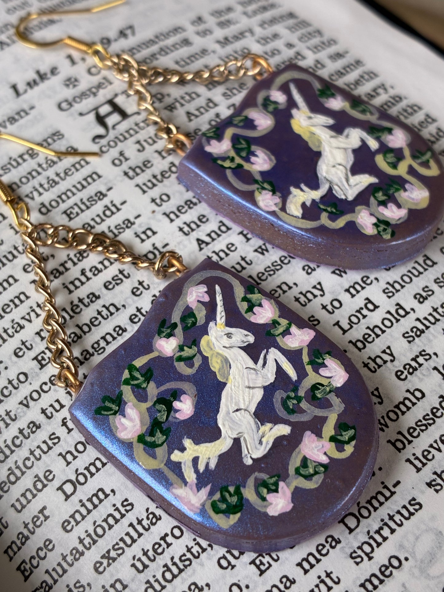 French Unicorn Tapestry Earrings in Lavender