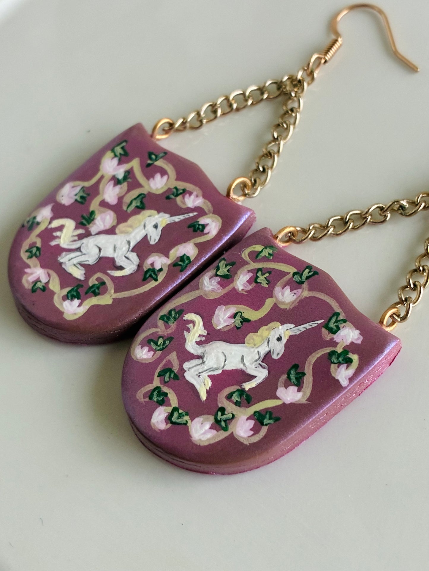French Unicorn Tapestry Earrings in Pink