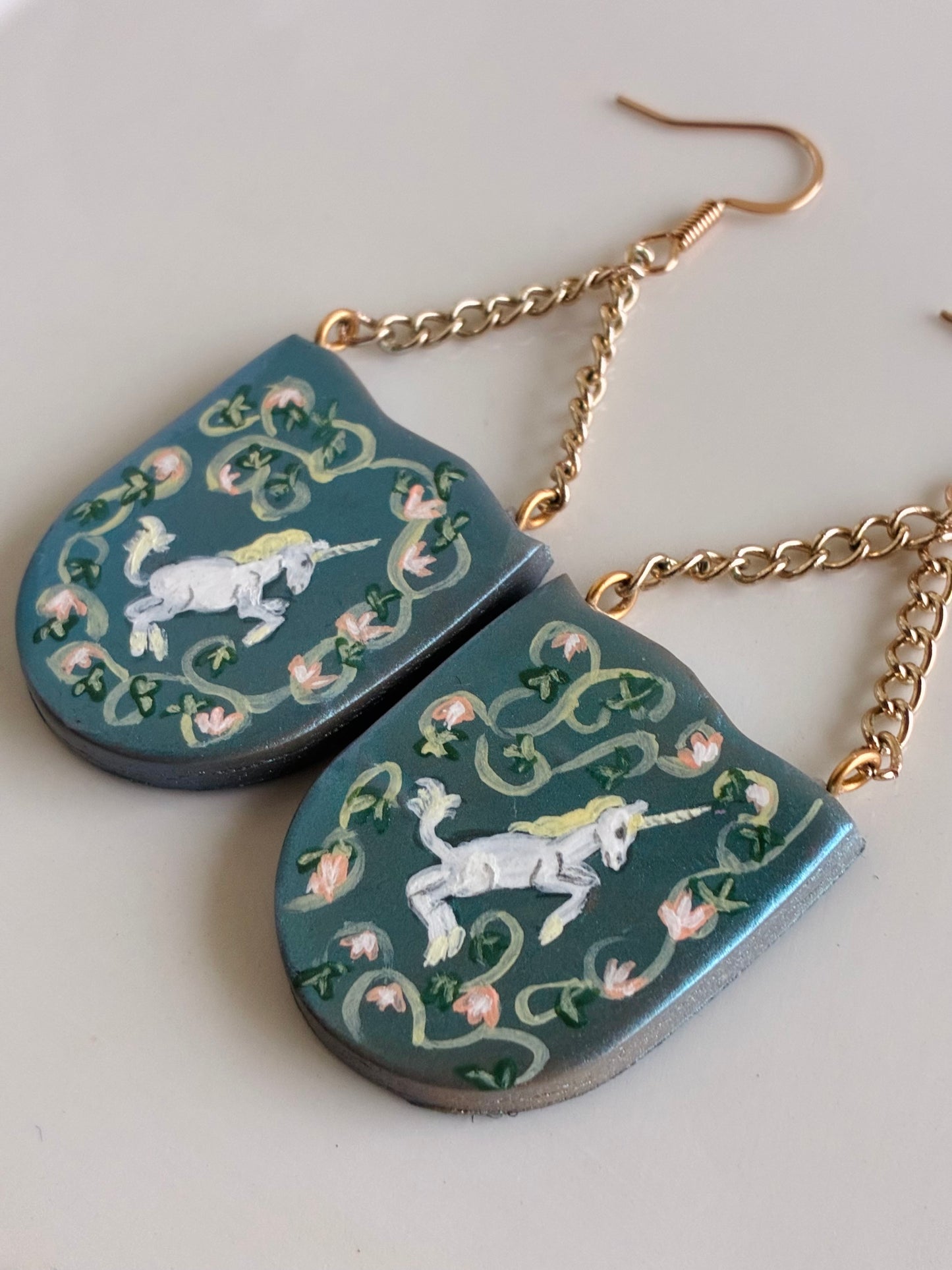 French Unicorn Tapestry Earrings in Blue