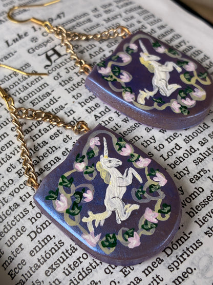 French Unicorn Tapestry Earrings in Lavender