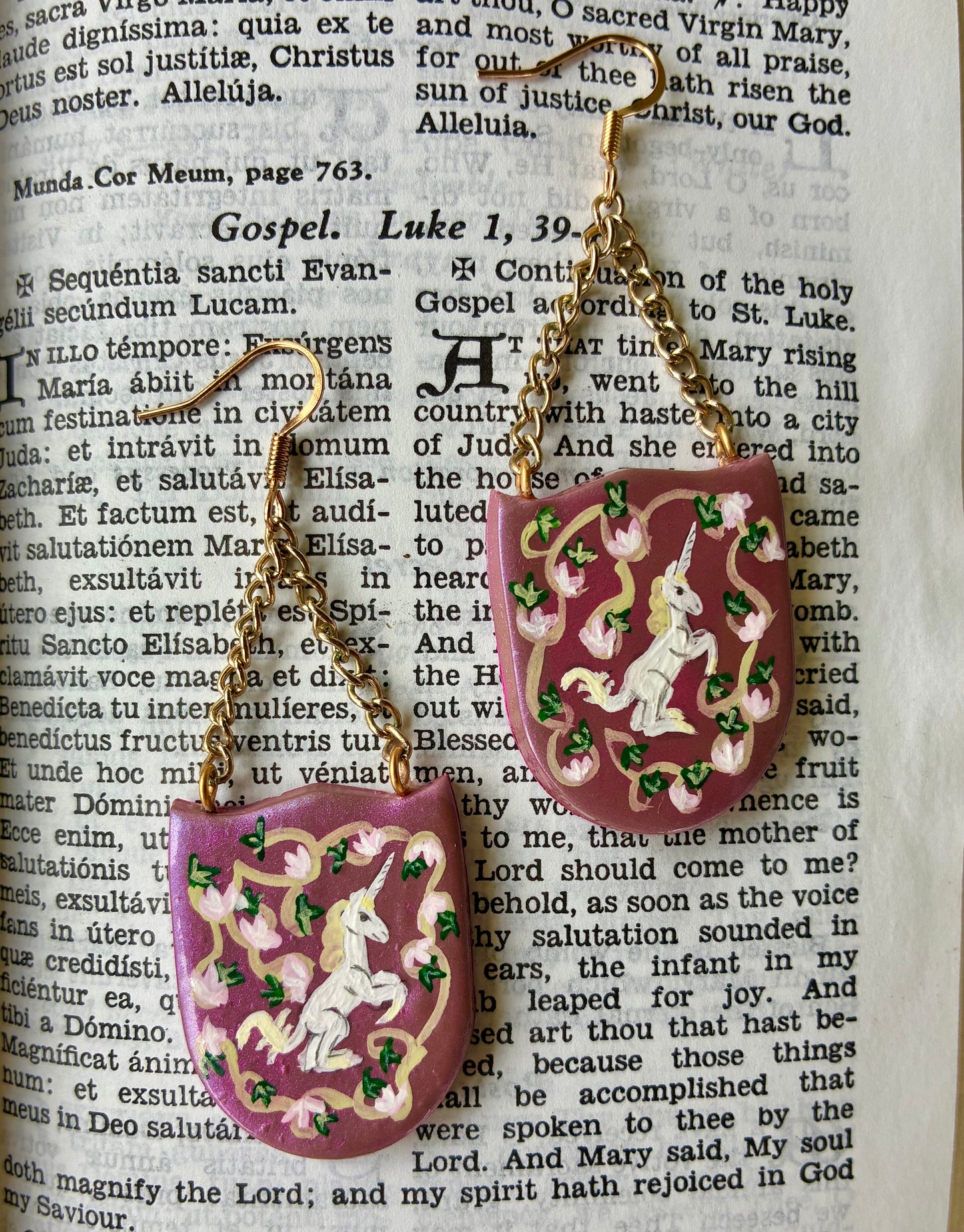 French Unicorn Tapestry Earrings in Pink