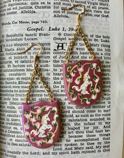 French Unicorn Tapestry Earrings in Pink