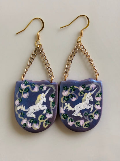 French Unicorn Tapestry Earrings in Lavender