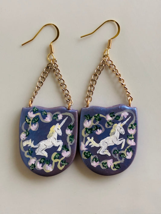 French Unicorn Tapestry Earrings in Lavender