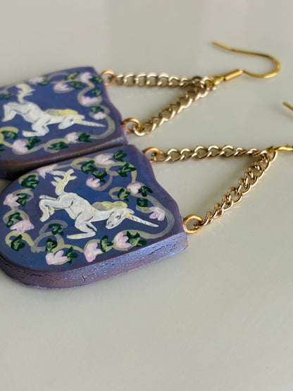 French Unicorn Tapestry Earrings in Lavender