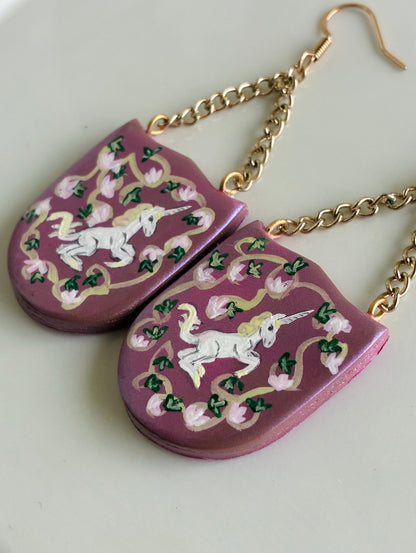 French Unicorn Tapestry Earrings in Pink