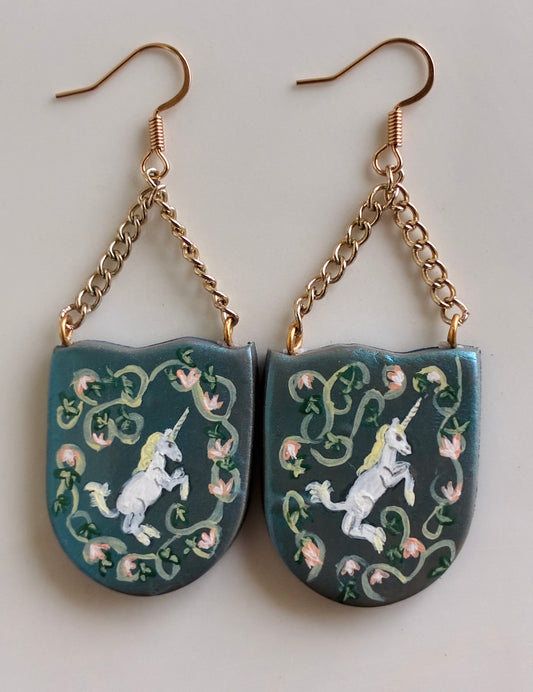 French Unicorn Tapestry Earrings in Blue