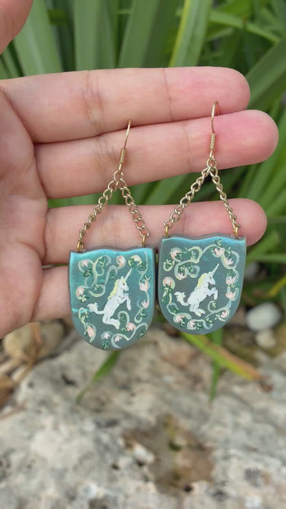 French Unicorn Tapestry Earrings in Blue